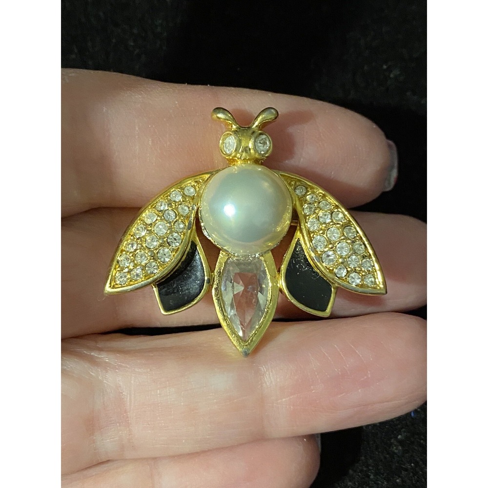 Daniel Swarovski Co Bug Pin Gold tone, Crystal, Pearl,‎ Black Enamel